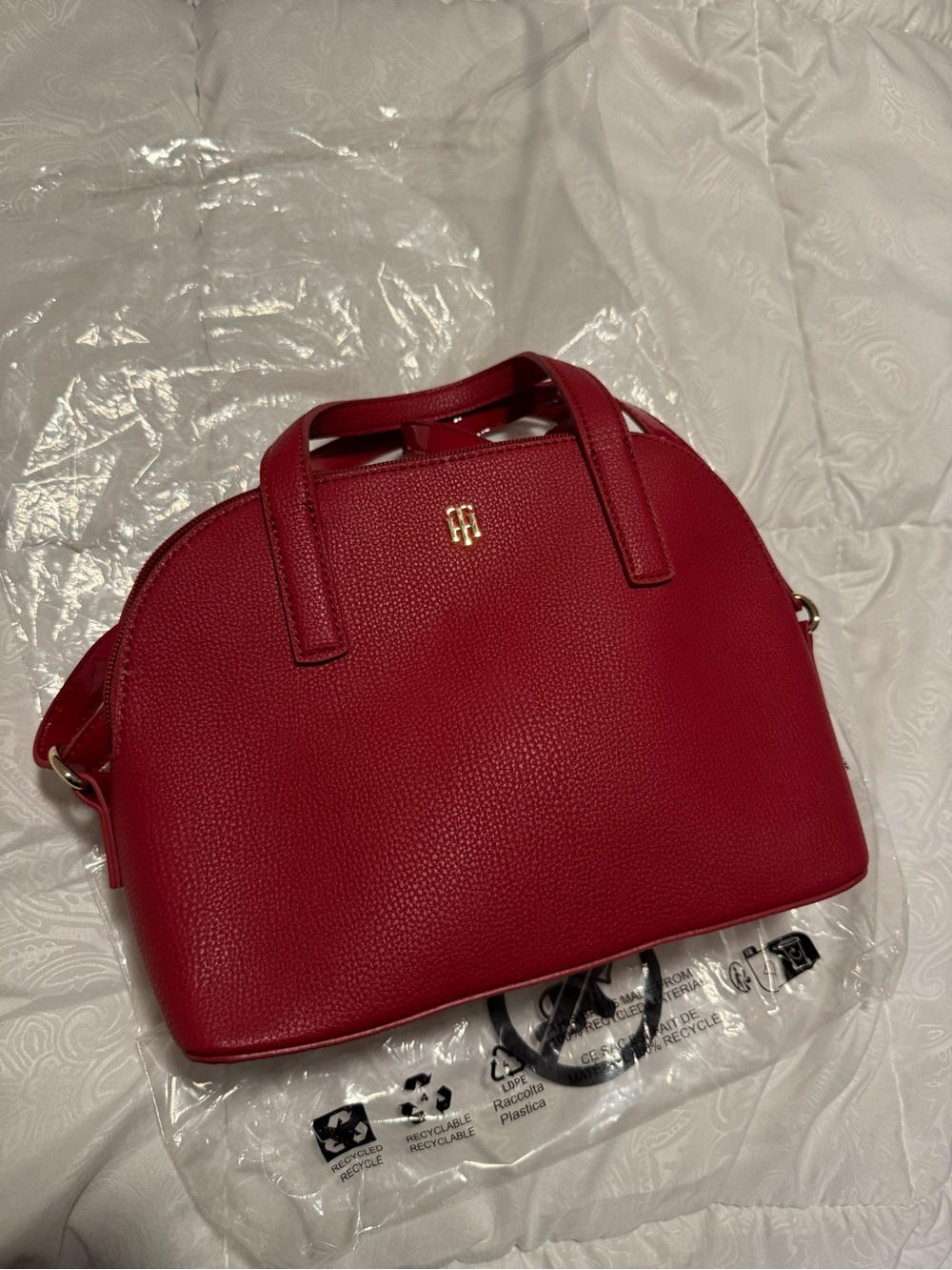 Tommy Hilfiger Red Pebbled Dome Satchel with Gold Hardware